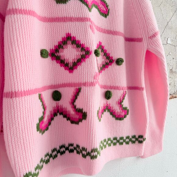 Vtg 80s Sweater Pink Textured Knit Green Pom Coquette Granny Cottagecore Women L - Picture 6 of 10